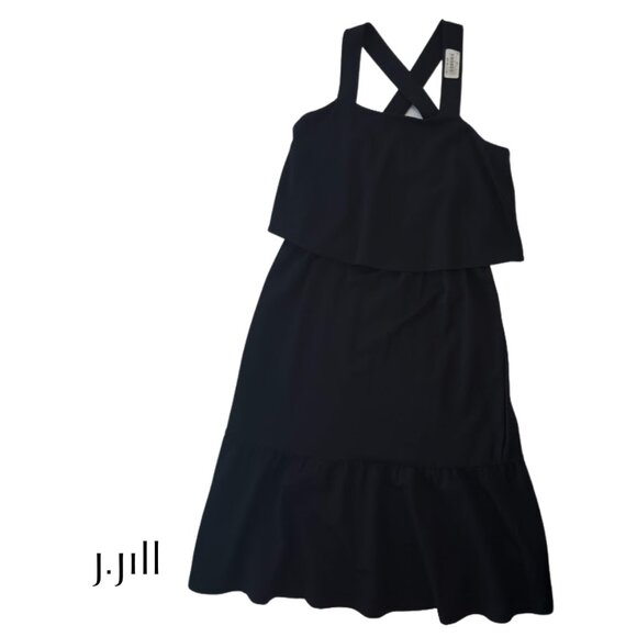 J Jill Women's Black Tiered Sleeveless Cross Strap Midi XS Petite Dress NWT - Picture 2 of 14